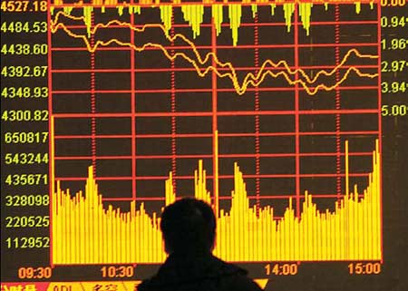 An investor monitors price changes at a securities house in Changchun, Jilin province. The Shanghai Composite Index fell 3.47 percent to close at 4370.29 on Friday.(Photo: Chinadaily.com)